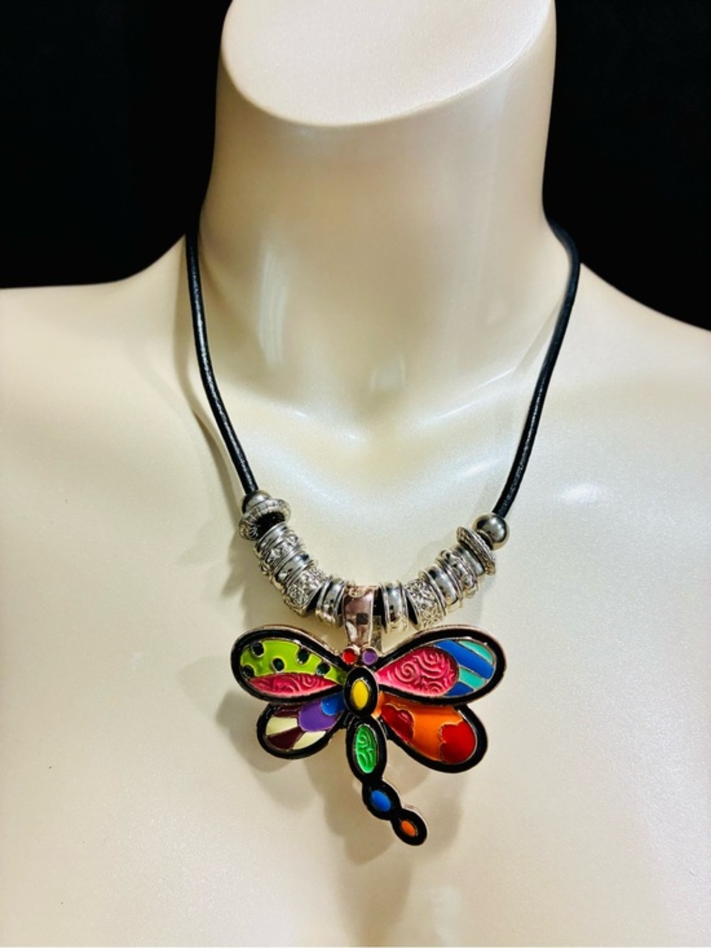 Multicolor Enamel Dragonfly Pendant Casual Necklace on Black Leather Cord